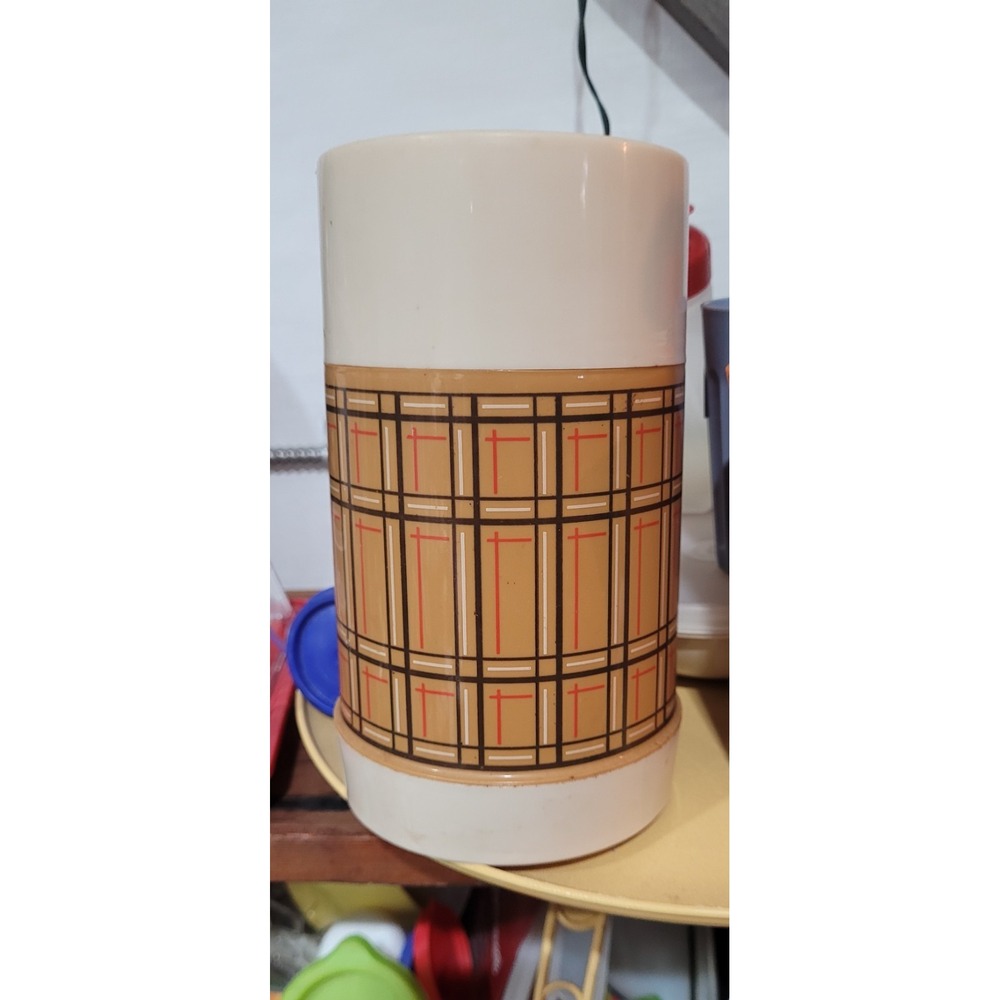 Alladin Thermos Vtg Best Buy Tan black Plaid Pint Wide Mouth No.WM4040